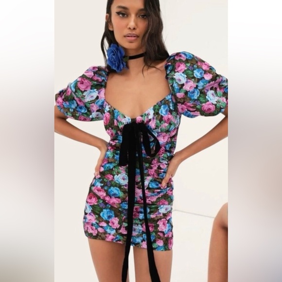 For Love And Lemons Dresses & Skirts - For Love & Lemons Floral Dress bow tie blue pink puff sleeve